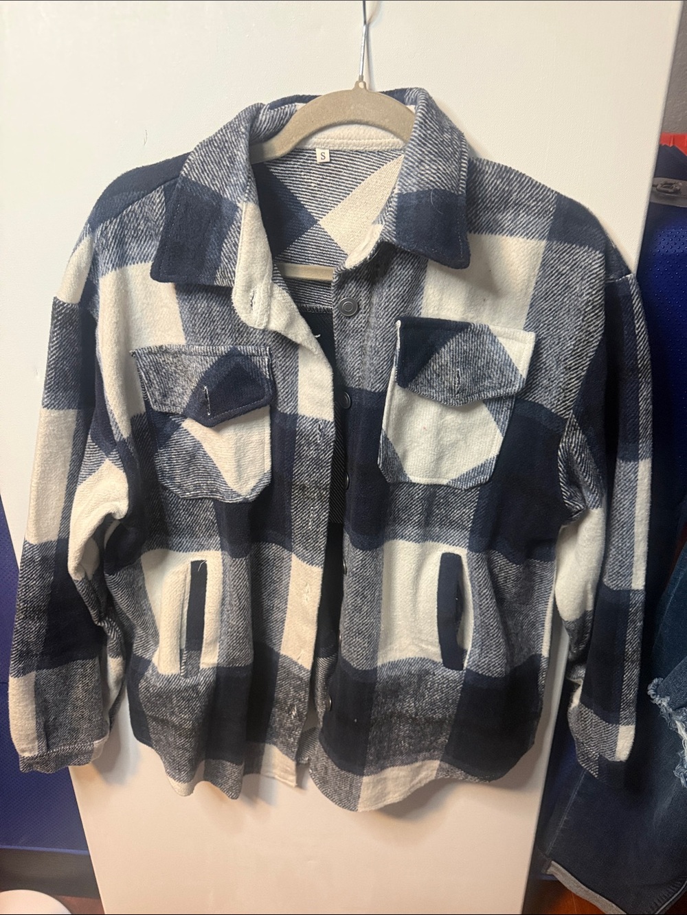 Blue and Cream Plaid Shacket Jacket